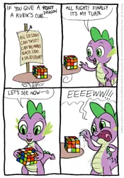 Size: 555x792 | Tagged: artist:kturtle, comic, derpibooru import, disgusted, dragon, drool, implied pinkie pie, male, rubik's cube, safe, saliva on toy, solo, spike