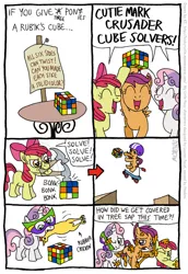 Size: 555x805 | Tagged: safe, artist:kturtle, derpibooru import, apple bloom, scootaloo, sweetie belle, earth pony, pegasus, pony, unicorn, comic, cutie mark crusaders, female, filly, hammer, mouth hold, rubber chicken, rubik's cube, scooter, tree sap