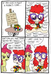 Size: 547x802 | Tagged: safe, artist:kturtle, derpibooru import, apple bloom, twist, earth pony, pony, comic, duo, duo female, female, filly, happy, name pun, pun, rubik's cube, sitting