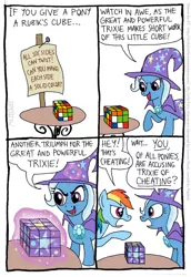 Size: 559x811 | Tagged: safe, artist:kturtle, derpibooru import, rainbow dash, trixie, pegasus, pony, unicorn, cheating, comic, duo, duo female, eye contact, female, looking at each other, magic, mare, rubik's cube