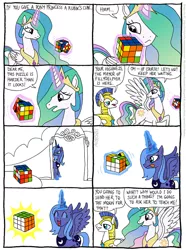 Size: 810x1087 | Tagged: safe, artist:kturtle, derpibooru import, princess celestia, princess luna, alicorn, pegasus, pony, comic, concentrating, everything went better than expected, female, good end, guard, happy, magic cubes, male, mare, royal guard, rubik's cube, s1 luna, stallion, tongue out