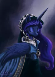 Size: 900x1254 | Tagged: safe, artist:whitestar1802, derpibooru import, princess luna, alicorn, pony, brooch, clothes, dress, elizabethan, eyes closed, female, gown, mare, painting, smiling, solo, tudor