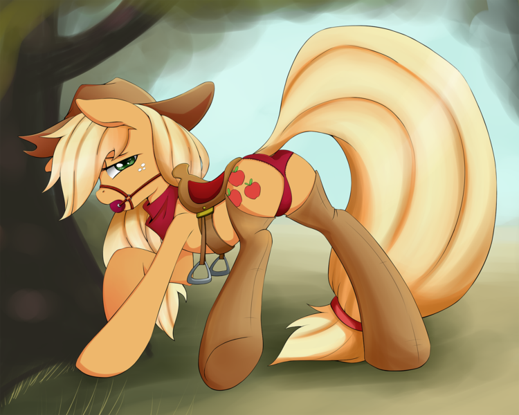 Size: 2000x1600 | Tagged: dead source, suggestive, artist:grumblepluck, derpibooru import, applejack, earth pony, pony, applebutt, applesub, ballgag, bandana, bridle, chaps, clothes, female, femsub, frilly underwear, gag, mare, panties, plot, red underwear, saddle, solo, solo female, submissive, tree, underwear