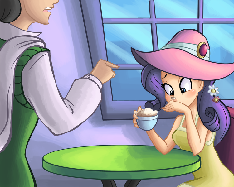 Size: 1500x1200 | Tagged: artist:ric-m, blushing, cafe, cappuccino, coffee, derpibooru import, duo, female, flower, flower in hair, hat, human, humanized, jet set, male, pointing, rarity, safe, scene interpretation, sitting, sweet and elite, table, wide eyes