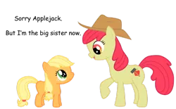 Size: 1024x636 | Tagged: safe, artist:masamunya, derpibooru import, apple bloom, applejack, earth pony, pony, adult, age swap, apple sisters, duo, duo female, eye contact, female, filly, filly applejack, foal, looking at each other, mare, older, older apple bloom, raised hoof, role reversal, siblings, simple background, sisters, transparent background, vector, younger