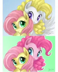 Size: 522x645 | Tagged: safe, artist:mn27, derpibooru import, fluttershy, pinkie pie, posey, surprise, earth pony, pegasus, pony, female, flutterpie, g1, g1 to g4, generation leap, lesbian, mare, photoshop, poseyprise, shipping