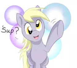 Size: 900x800 | Tagged: safe, artist:perfectpinkwater, derpibooru import, derpy hooves, pegasus, pony, abstract background, bubble, female, hoofbump, looking at you, mare, smiling, solo, waving