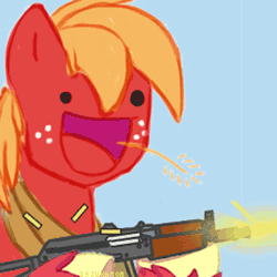 Size: 512x512 | Tagged: safe, derpibooru import, big macintosh, earth pony, pony, :d, aks-74u, animated, delet this, gif, gun, hoof hold, kalashnikov pattern, male, open mouth, ponies with guns, rifle, russia, russian, shooting, smiling, solo, stallion, straw in mouth, unshorn fetlocks, weapon, who needs trigger fingers