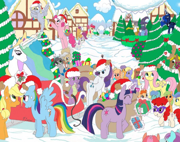 Size: 1280x1010 | Tagged: safe, artist:paul lucas, derpibooru import, apple bloom, applejack, derpy hooves, fluttershy, gilda, mayor mare, pinkie pie, princess celestia, princess luna, rainbow dash, rarity, scootaloo, spike, sweetie belle, trixie, twilight sparkle, twist, dragon, earth pony, gryphon, pegasus, pony, unicorn, christmas, cutie mark crusaders, female, filly, hat, holly, holly mistaken for mistletoe, male, mane seven, mare, present, santa hat, sleigh, snow, sweat, whip, winter