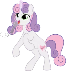 Size: 579x627 | Tagged: safe, artist:lulubell, derpibooru import, sweetie belle, pony, unicorn, adult, female, mare, microphone, older, older sweetie belle, simple background, singing, solo, transparent background