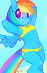 Size: 1061x1657 | Tagged: safe, artist:doxy, derpibooru import, rainbow dash, pony, semi-anthro, armpits, belly button, bikini, clothes, female, hooves behind head, mare, solo, swimsuit, yellow swimsuit