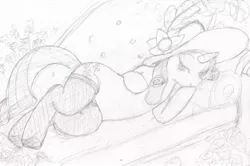 Size: 1280x850 | Tagged: safe, artist:paul lucas, derpibooru import, rarity, pony, unicorn, clothes, couch, fainting couch, female, flower, hat, mare, monochrome, side, solo, stockings