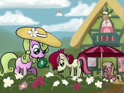 Size: 1600x1200 | Tagged: safe, artist:why485, derpibooru import, daisy, derpy hooves, flower wishes, honey rays, honeysuckle, lily, lily valley, roseluck, earth pony, pegasus, pony, female, flower, flower trio, mare, mouth hold, peeking, rose, watering can