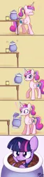 Size: 800x3187 | Tagged: safe, artist:solar-slash, derpibooru import, princess cadance, twilight sparkle, alicorn, pony, unicorn, caught, cookie, cookie jar, cookie jar pony, cute, cutedance, exclamation point, eyes closed, female, filly, filly twilight sparkle, frown, hoof hold, magic, music notes, open mouth, raised eyebrow, smiling, sweat, sweet obsession, teen princess cadance, telekinesis, twiabetes, twilight stealing a cookie, walking, weapons-grade cute, wide eyes, younger