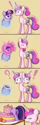 Size: 700x2171 | Tagged: safe, artist:solar-slash, derpibooru import, princess cadance, twilight sparkle, alicorn, pony, unicorn, cake, comic, cookie jar, duo, duo female, exclamation point, female, filly, filly twilight sparkle, question mark, stuck, sweet obsession, teen princess cadance, teenager, teleportation, teleportation mishap, younger