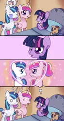 Size: 765x1452 | Tagged: safe, artist:solar-slash, derpibooru import, princess cadance, shining armor, smarty pants, twilight sparkle, alicorn, pony, unicorn, bed, comic, cute, cutedance, daydream, female, filly, filly twilight sparkle, male, now kiss, shining adorable, shiningcadance, shipper on deck, shipping, straight, sweet obsession, teen princess cadance, teenager, twiabetes, twilight the shipper, younger