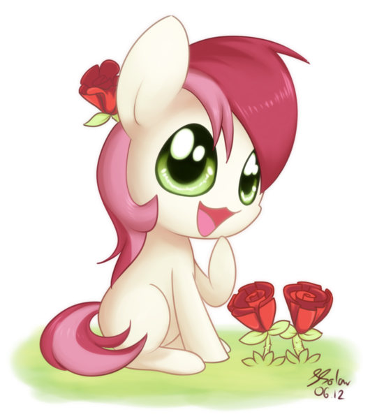 Size: 900x1000 | Tagged: safe, artist:solar-slash, derpibooru import, roseluck, earth pony, pony, chibi, cute, female, flower, flower in hair, mare, rose, simple background, sitting, solo, transparent background
