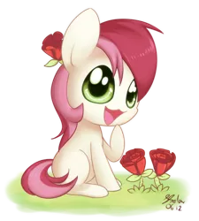 Size: 900x1000 | Tagged: safe, artist:solar-slash, derpibooru import, roseluck, earth pony, pony, chibi, cute, female, flower, flower in hair, mare, rose, simple background, sitting, solo, transparent background