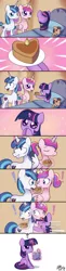 Size: 765x3125 | Tagged: safe, artist:solar-slash, derpibooru import, princess cadance, shining armor, smarty pants, twilight sparkle, alicorn, pony, unicorn, bed, blushing, book, cake, cute, cutedance, exclamation point, eyes closed, female, filly, frown, grin, happy, hug, magic, nervous, now kiss, open mouth, puppy dog eyes, reading, shining adorable, sitting, smiling, sweat, sweet obsession, teen princess cadance, teenager, telekinesis, thought bubble, twiabetes, wide eyes