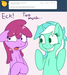 Size: 750x850 | Tagged: safe, artist:skoon, derpibooru import, berry punch, berryshine, lyra heartstrings, earth pony, pony, unicorn, ask berry punch, ask, female, grin, human fetish, irrational exuberance, mare, smiling