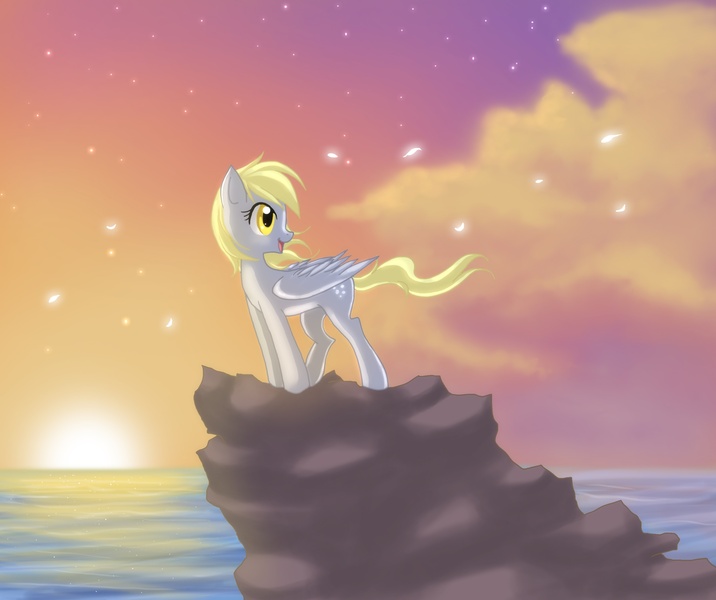 Size: 2922x2448 | Tagged: safe, artist:jacky-bunny, derpibooru import, derpy hooves, pegasus, pony, backlighting, female, high res, looking back, mare, ocean, smiling, solo, sun, sunset