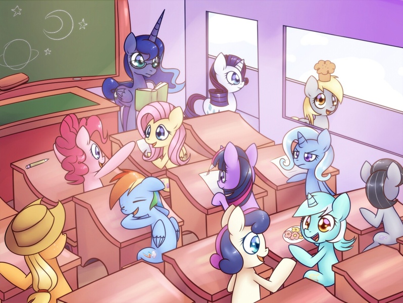 Size: 1360x1023 | Tagged: safe, artist:solar-slash, derpibooru import, applejack, bon bon, derpy hooves, fluttershy, lyra heartstrings, octavia melody, pinkie pie, princess luna, rainbow dash, rarity, sweetie drops, trixie, twilight sparkle, alicorn, earth pony, pegasus, pony, unicorn, book, classroom, desk, female, glasses, mane six, mare, muffin