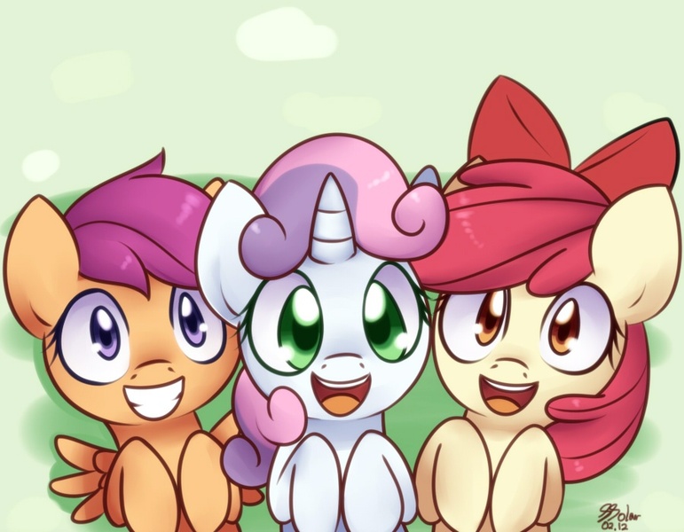Size: 900x700 | Tagged: safe, artist:solar-slash, derpibooru import, apple bloom, scootaloo, sweetie belle, earth pony, pegasus, pony, unicorn, adorabloom, cute, cutealoo, cutie mark crusaders, diasweetes, female, filly, grin, looking at you, on back, open mouth, smiling, squee, trio, wide eyes