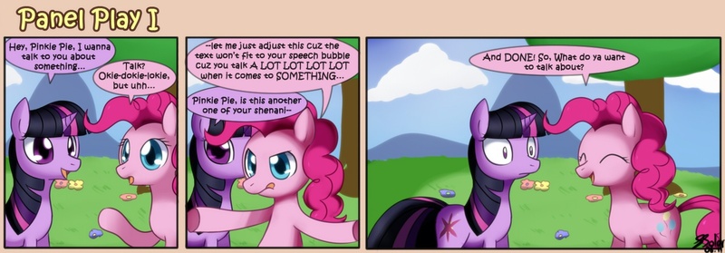 Size: 1400x489 | Tagged: safe, artist:solar-slash, derpibooru import, pinkie pie, twilight sparkle, earth pony, pony, unicorn, comic, duo, duo female, female, fourth wall, mare, panel play, tongue out