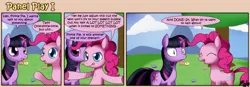 Size: 1400x489 | Tagged: safe, artist:solar-slash, derpibooru import, pinkie pie, twilight sparkle, earth pony, pony, unicorn, comic, duo, duo female, female, fourth wall, mare, panel play, tongue out