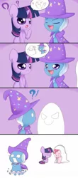 Size: 750x1700 | Tagged: safe, artist:solar-slash, derpibooru import, pinkie pie, trixie, twilight sparkle, earth pony, ghost, pony, unicorn, bragging, chibi, comic, exclamation point, female, mare, pictogram, question mark, running, scared, teary eyes, wheel o feet