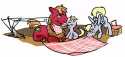 Size: 1000x457 | Tagged: safe, artist:moronsonofboron, derpibooru import, big macintosh, derpy hooves, dinky hooves, earth pony, pegasus, pony, unicorn, basket, derpymac, female, filly, male, mare, mud, picnic, picnic blanket, plow, prone, shipping, stallion, straight, yoke