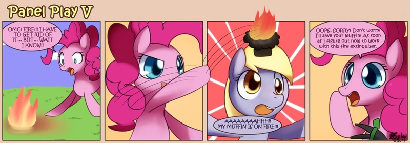 Size: 1400x489 | Tagged: safe, artist:solar-slash, derpibooru import, derpy hooves, pinkie pie, earth pony, pegasus, pony, comic, duo, duo female, female, fire, mare, muffin, panel play