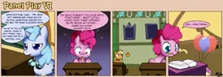 Size: 1400x489 | Tagged: safe, artist:solar-slash, derpibooru import, applejack, fluttershy, pinkie pie, oc, oc:soulful note, earth pony, pony, unicorn, book, comic, female, filly, fourth wall, mare, mouth hold, panel play, pencil, plushie, school