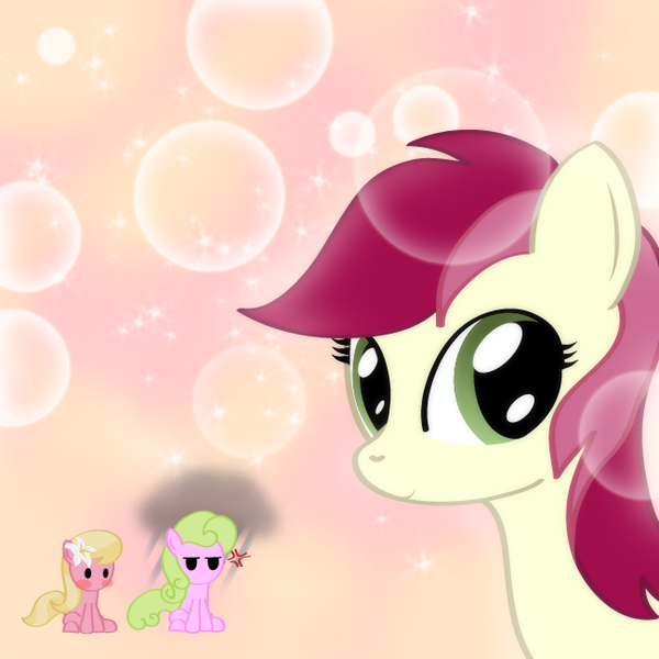 Size: 650x650 | Tagged: safe, artist:why485, derpibooru import, daisy, flower wishes, lily, lily valley, roseluck, earth pony, pony, abstract background, bubble, female, flower trio, mare