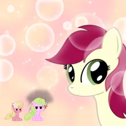 Size: 650x650 | Tagged: safe, artist:why485, derpibooru import, daisy, flower wishes, lily, lily valley, roseluck, earth pony, pony, abstract background, bubble, female, flower trio, mare