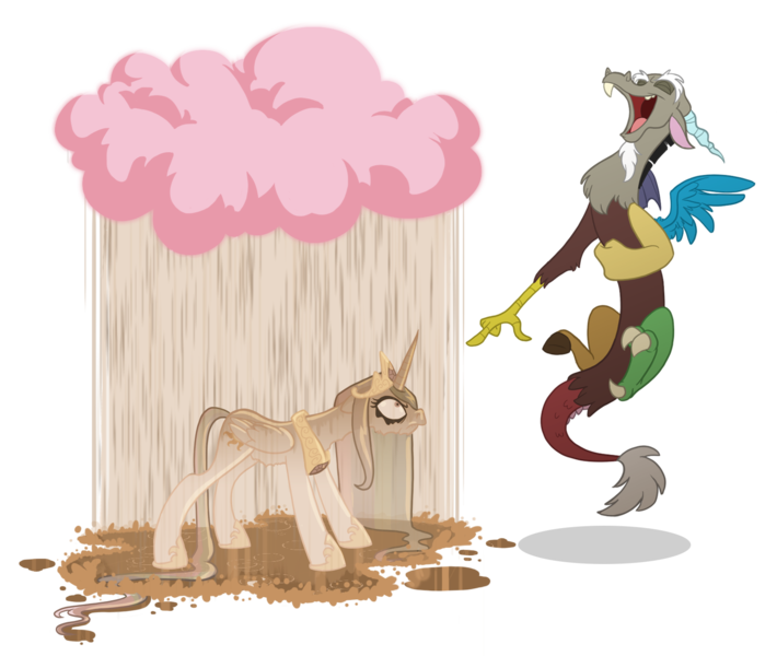 Size: 1596x1349 | Tagged: dead source, safe, artist:anima-dos, derpibooru import, discord, princess celestia, alicorn, draconequus, pony, angry, celestia is not amused, chocolate, chocolate milk, chocolate rain, cloud, discord being discord, duo, eyes closed, female, fluffy, frown, glare, glarelestia, laughing, makeup, male, mare, milk, open mouth, pink cloud, pointing, rain, running makeup, simple background, smiling, transparent background, wet, wet mane, wet tail