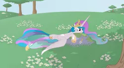 Size: 2334x1280 | Tagged: safe, artist:feather, derpibooru import, princess celestia, alicorn, pony, dappled sunlight, female, flower, frown, mare, meadow, prone, solo, straw in mouth, tree