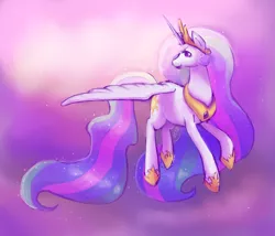 Size: 700x600 | Tagged: safe, artist:orcacookie, derpibooru import, princess celestia, alicorn, pony, female, flying, looking back, mare, smiling, solo