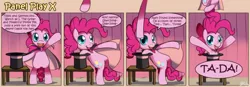 Size: 1400x489 | Tagged: safe, artist:solar-slash, derpibooru import, pinkie pie, earth pony, pony, cape, clothes, comic, female, fourth wall, hat, magic trick, mare, panel play, smiling, solo, stage, top hat