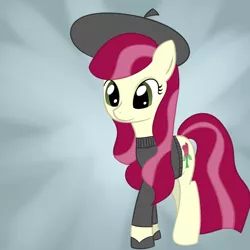 Size: 1200x1200 | Tagged: safe, artist:why485, derpibooru import, roseluck, earth pony, pony, alternate hairstyle, beatnik, beret, clothes, female, gradient background, mare, solo, sweater