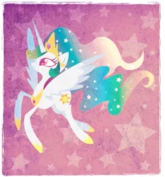 Size: 665x715 | Tagged: safe, artist:disfiguredstick, derpibooru import, princess celestia, alicorn, pony, abstract background, female, flying, mare, smiling, wingding eyes