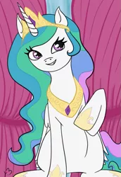 Size: 445x645 | Tagged: safe, artist:hidy-the-pirate-cat, derpibooru import, princess celestia, alicorn, pony, female, mare, raised hoof, sitting, smiling, solo