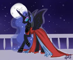 Size: 1139x939 | Tagged: safe, artist:thedandmom, derpibooru import, nightmare moon, alicorn, pony, balcony, choker, clothes, dress, female, gala dress, mare, moon, night, raised hoof, solo