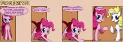 Size: 1400x489 | Tagged: safe, artist:solar-slash, derpibooru import, pinkie pie, surprise, earth pony, pegasus, pony, comic, duo, duo female, female, fourth wall, g1, g1 to g4, generation leap, mare, panel play, smiling