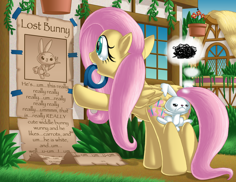 Size: 1400x1082 | Tagged: safe, artist:berrypawnch, derpibooru import, angel bunny, fluttershy, pegasus, pony, annoyed, comic, duo, female, flutterbutt, mare, mouth hold, plot, poster, tape, the far side, thought bubble
