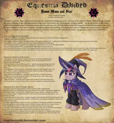 Size: 1554x1673 | Tagged: dead source, grimdark, artist:pooryorick, derpibooru import, twilight sparkle, pony, unicorn, equestria divided, blackletter, cloak, clothes, feather, female, hat, house moon and star, long sleeves, mare, shirt, solo, tattoo, tyrant sparkle, unicorn twilight, witch hat