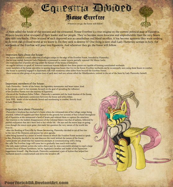 Size: 1554x1673 | Tagged: dead source, grimdark, artist:pooryorick, derpibooru import, fluttershy, pegasus, pony, equestria divided, armor, blackletter, female, fur collar, headband, house everfree, mare, piercing, scowl, solo