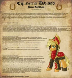 Size: 1554x1673 | Tagged: dead source, grimdark, artist:pooryorick, derpibooru import, applejack, earth pony, pony, equestria divided, armor, blackletter, eyepatch, female, helmet, house earthborn, mare, scale armor, scale mail, scowl, solo