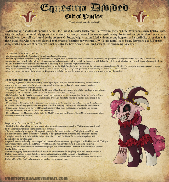 Size: 1554x1673 | Tagged: dead source, grimdark, artist:pooryorick, derpibooru import, pinkie pie, earth pony, pony, zombie, equestria divided, blackletter, cult of laughter, female, hat, jester hat, mare, solo