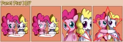 Size: 1400x489 | Tagged: safe, artist:solar-slash, derpibooru import, pinkie pie, surprise, earth pony, pegasus, pony, comic, duo, duo female, female, fourth wall, g1, g1 to g4, generation leap, mare, mouth hold, panel play, prone